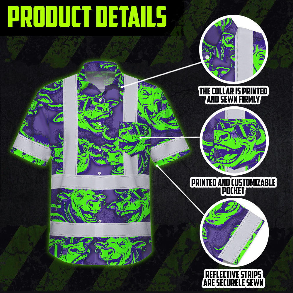 Hi Vis Hawaiian Shirt Reflective Tapes Green Violet Cow Custom Name Safety Workwear For Workers, Truckers, Operators