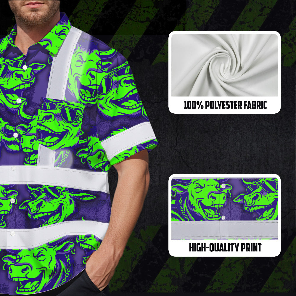 Hi Vis Hawaiian Shirt Reflective Tapes Green Violet Cow Custom Name Safety Workwear For Workers, Truckers, Operators