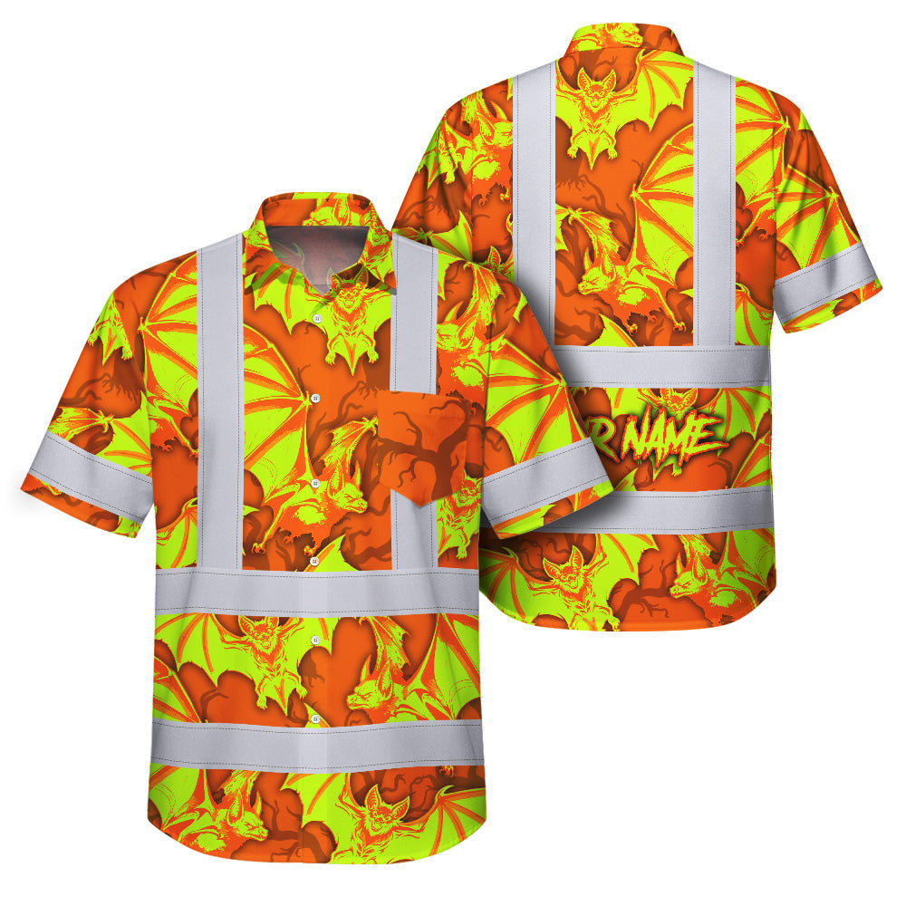 Hi Vis Hawaiian Shirt Reflective Tapes Lime Orange Bat Custom Name Safety Workwear For Workers, Truckers, Operators