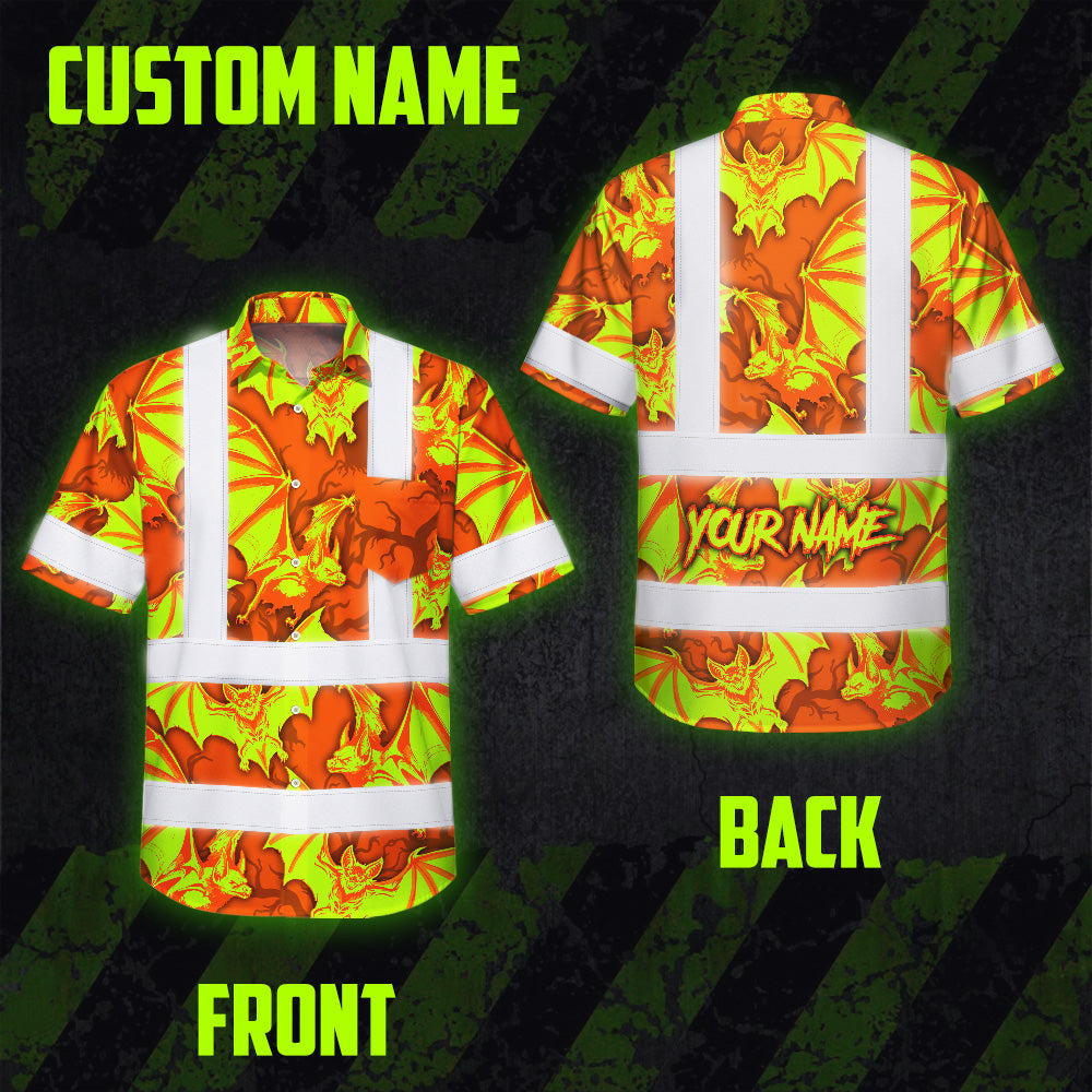 Hi Vis Hawaiian Shirt Reflective Tapes Lime Orange Bat Custom Name Safety Workwear For Workers, Truckers, Operators