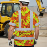 Hi Vis Hawaiian Shirt Reflective Tapes Lime Orange Bat Custom Name Safety Workwear For Workers, Truckers, Operators