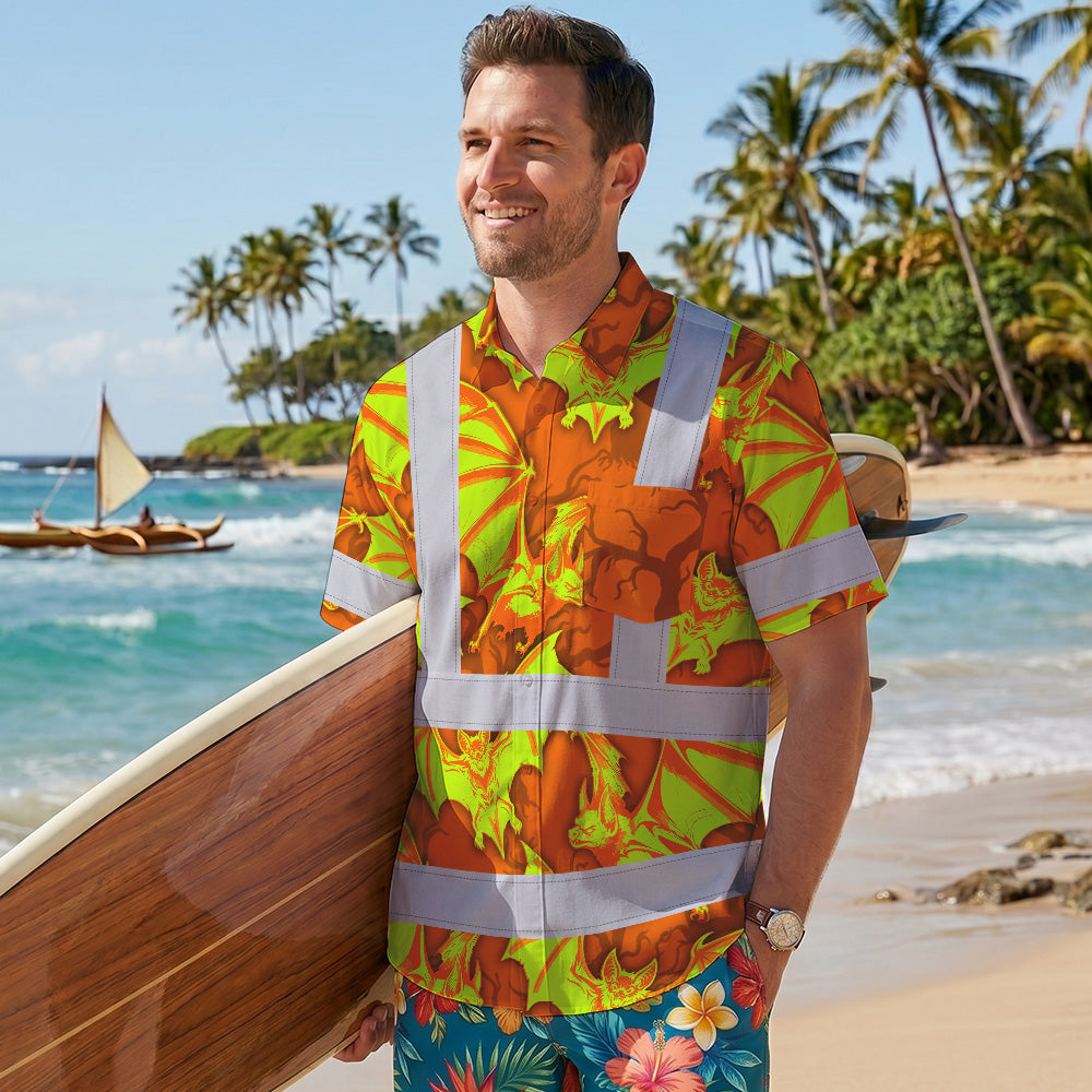 Hi Vis Hawaiian Shirt Reflective Tapes Lime Orange Bat Custom Name Safety Workwear For Workers, Truckers, Operators