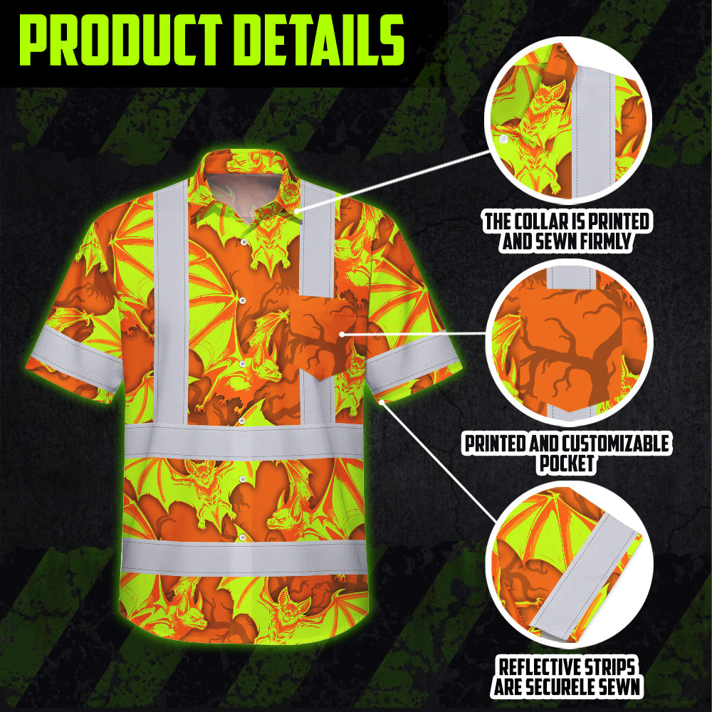 Hi Vis Hawaiian Shirt Reflective Tapes Lime Orange Bat Custom Name Safety Workwear For Workers, Truckers, Operators