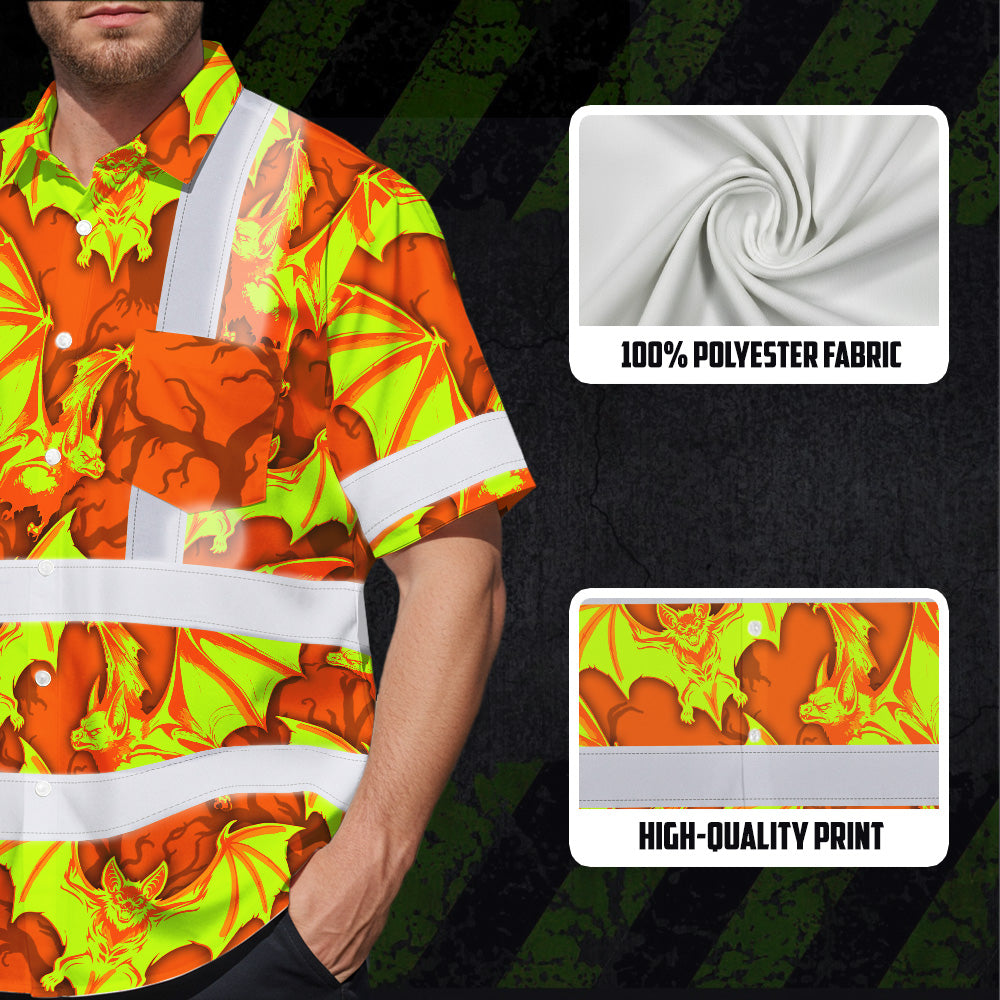 Hi Vis Hawaiian Shirt Reflective Tapes Lime Orange Bat Custom Name Safety Workwear For Workers, Truckers, Operators