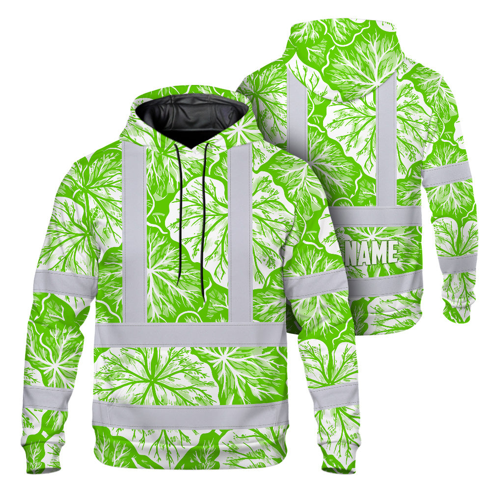 Hi Vis Hoodie Shirt Reflective Tapes Green Neon White Flowers Custom Name Safety Workwear For Workers, Truckers