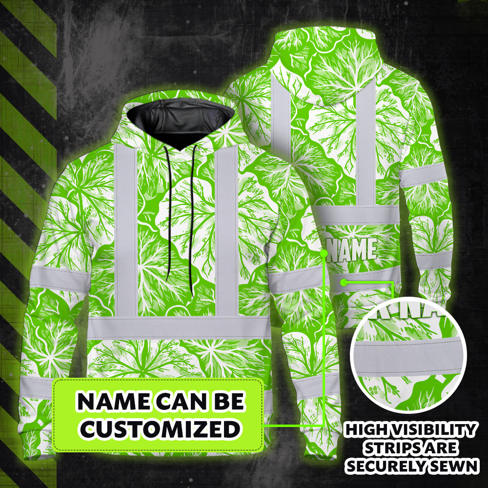Hi Vis Hoodie Shirt Reflective Tapes Green Neon White Flowers Custom Name Safety Workwear For Workers, Truckers