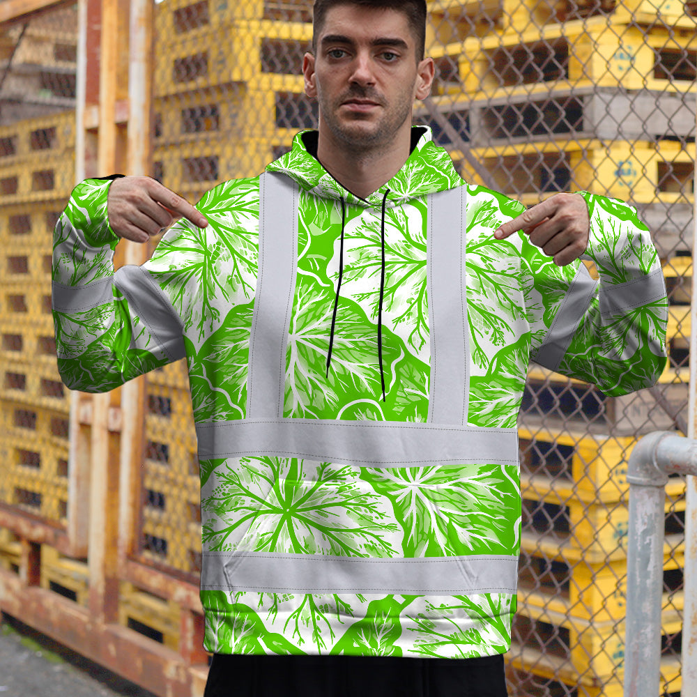 Hi Vis Hoodie Shirt Reflective Tapes Green Neon White Flowers Custom Name Safety Workwear For Workers, Truckers