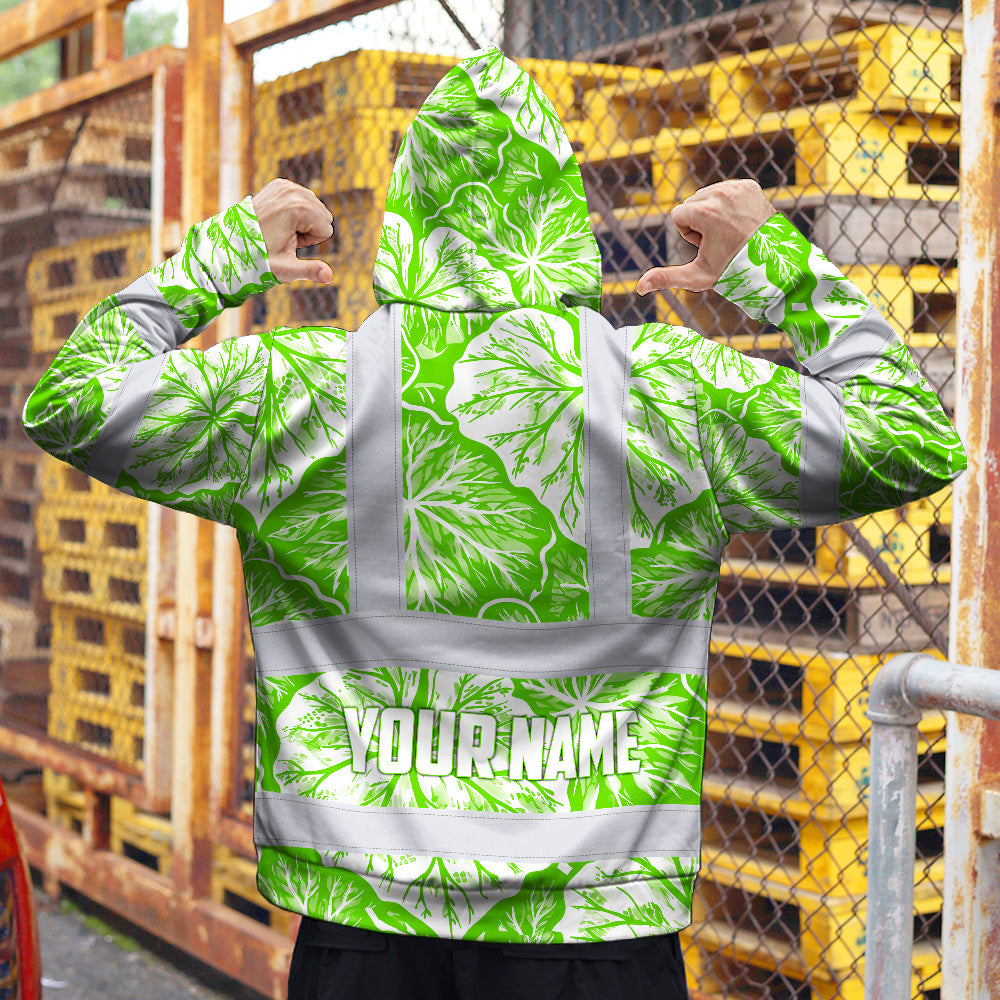 Hi Vis Hoodie Shirt Reflective Tapes Green Neon White Flowers Custom Name Safety Workwear For Workers, Truckers
