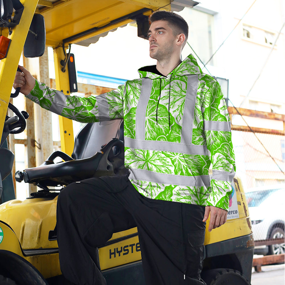 Hi Vis Hoodie Shirt Reflective Tapes Green Neon White Flowers Custom Name Safety Workwear For Workers, Truckers