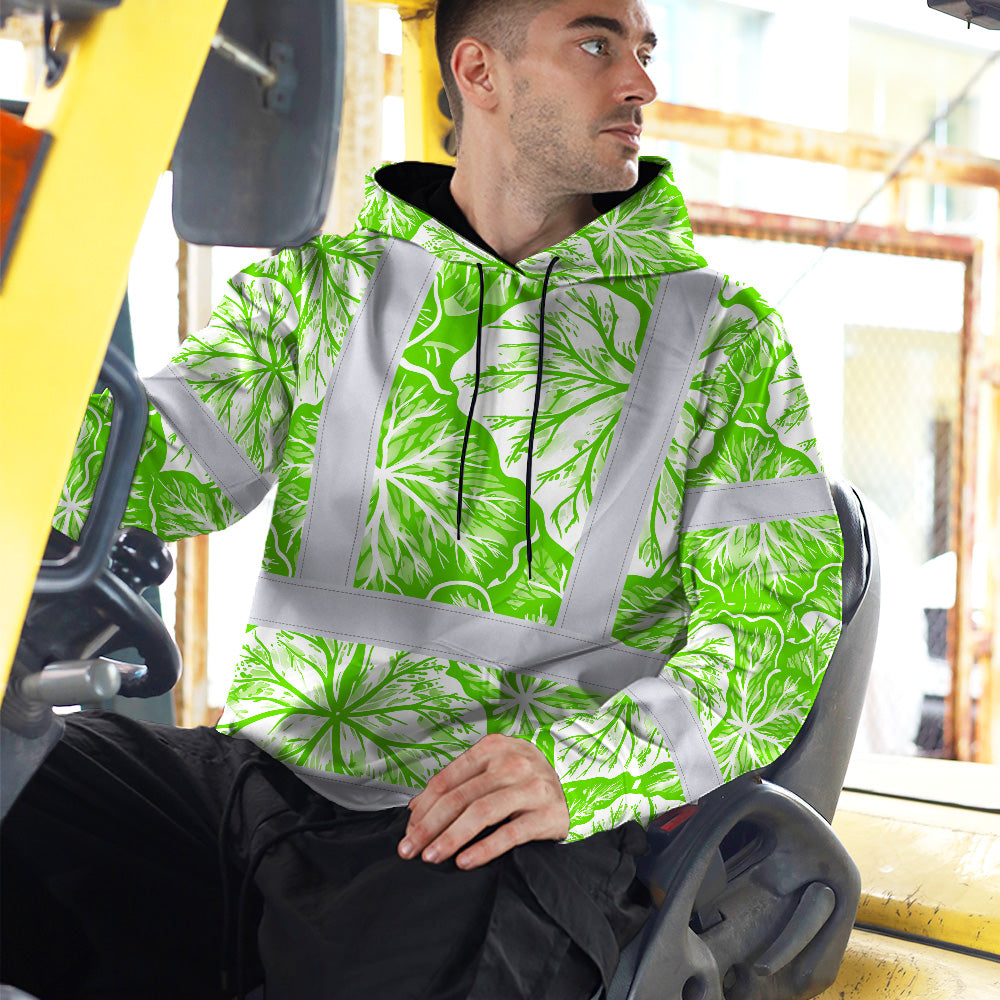 Hi Vis Hoodie Shirt Reflective Tapes Green Neon White Flowers Custom Name Safety Workwear For Workers, Truckers