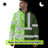 Hi Vis Hoodie Shirt Reflective Tapes Green Neon White Flowers Custom Name Safety Workwear For Workers, Truckers
