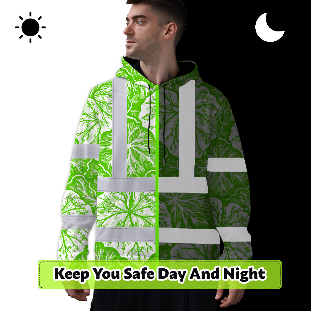 Hi Vis Hoodie Shirt Reflective Tapes Green Neon White Flowers Custom Name Safety Workwear For Workers, Truckers