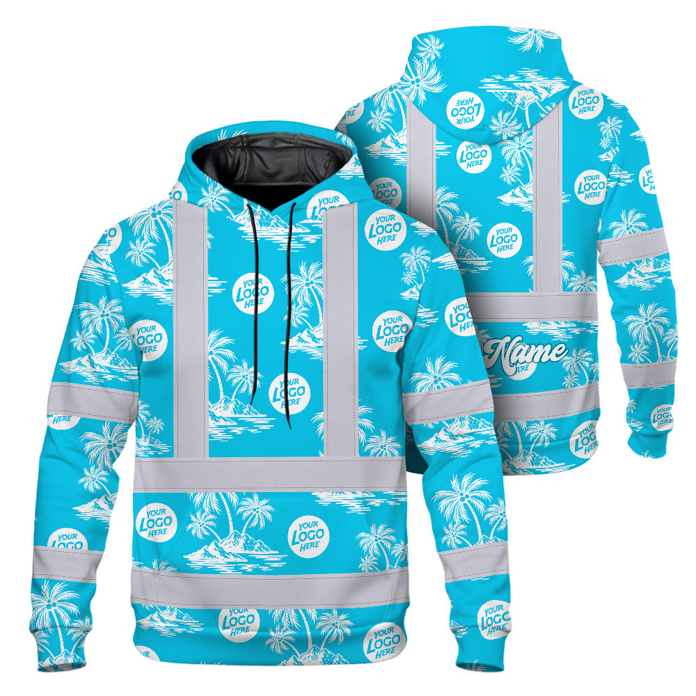 Hi Vis Hoodie Shirt Reflective Tapes Blue Neon And White Flowers Custom Name And Logo Safety Workwear For Company