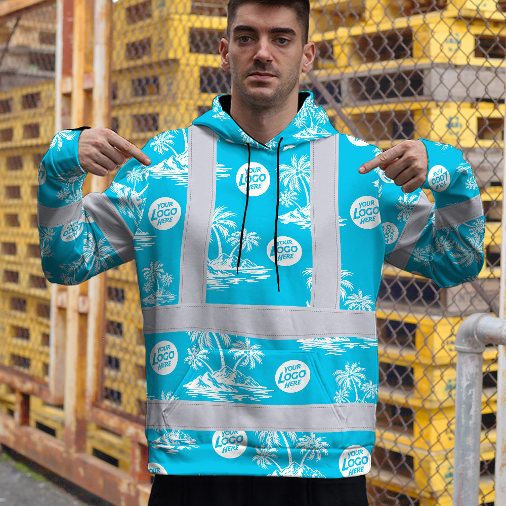 Hi Vis Hoodie Shirt Reflective Tapes Blue Neon And White Flowers Custom Name And Logo Safety Workwear For Company