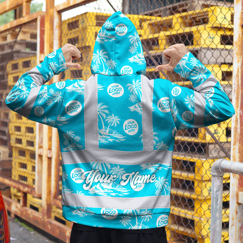 Hi Vis Hoodie Shirt Reflective Tapes Blue Neon And White Flowers Custom Name And Logo Safety Workwear For Company