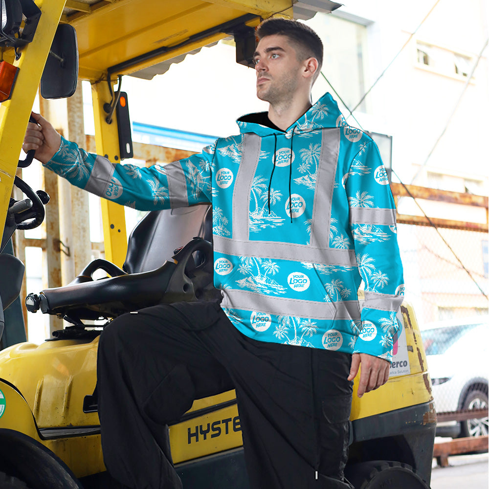 Hi Vis Hoodie Shirt Reflective Tapes Blue Neon And White Flowers Custom Name And Logo Safety Workwear For Company