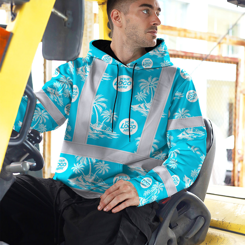 Hi Vis Hoodie Shirt Reflective Tapes Blue Neon And White Flowers Custom Name And Logo Safety Workwear For Company