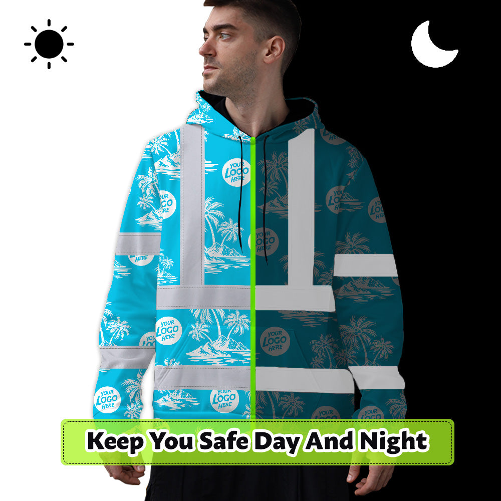 Hi Vis Hoodie Shirt Reflective Tapes Blue Neon And White Flowers Custom Name And Logo Safety Workwear For Company
