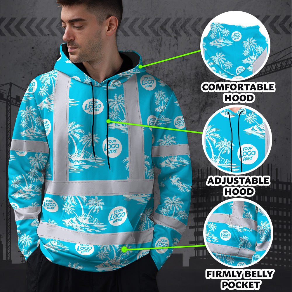 Hi Vis Hoodie Shirt Reflective Tapes Blue Neon And White Flowers Custom Name And Logo Safety Workwear For Company