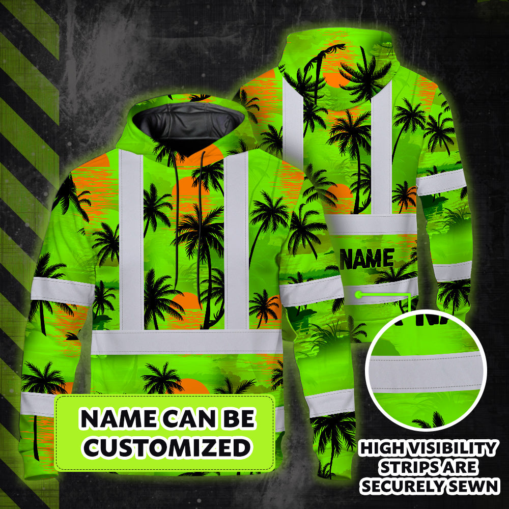 Hi Vis Hoodie Shirt Reflective Tapes Green Neon Flowers Custom Name
