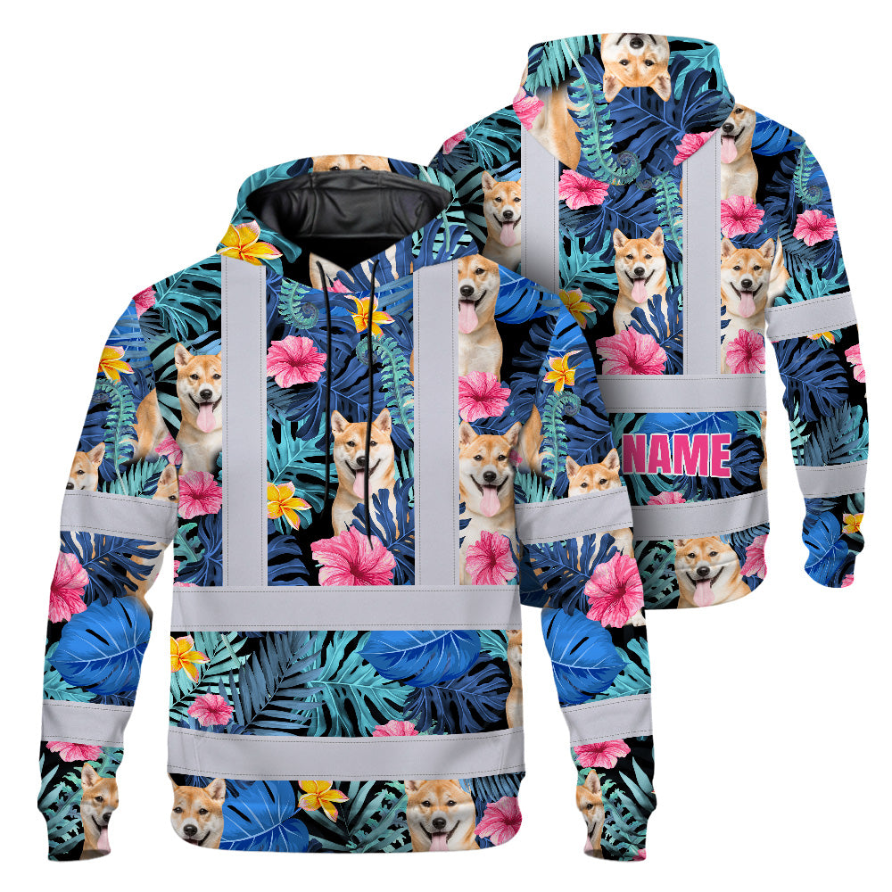 Hi Vis Hoodie Shirt Reflective Tapes Blue Pink Flowers Custom Name And Image Safety Workwear For Truckers, Pet Lovers