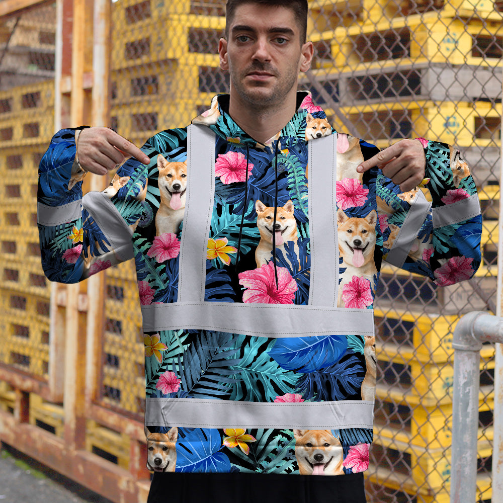 Hi Vis Hoodie Shirt Reflective Tapes Blue Pink Flowers Custom Name And Image Safety Workwear For Truckers, Pet Lovers