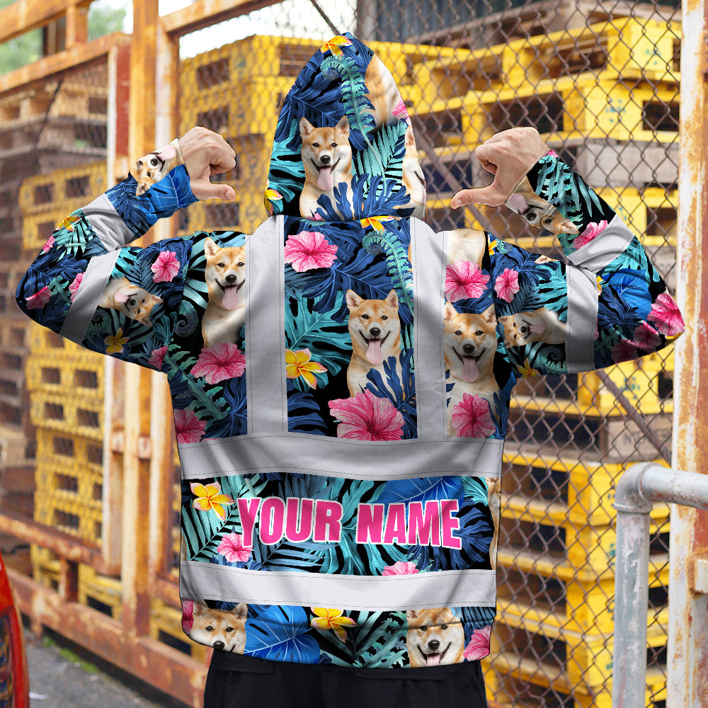 Hi Vis Hoodie Shirt Reflective Tapes Blue Pink Flowers Custom Name And Image Safety Workwear For Truckers, Pet Lovers