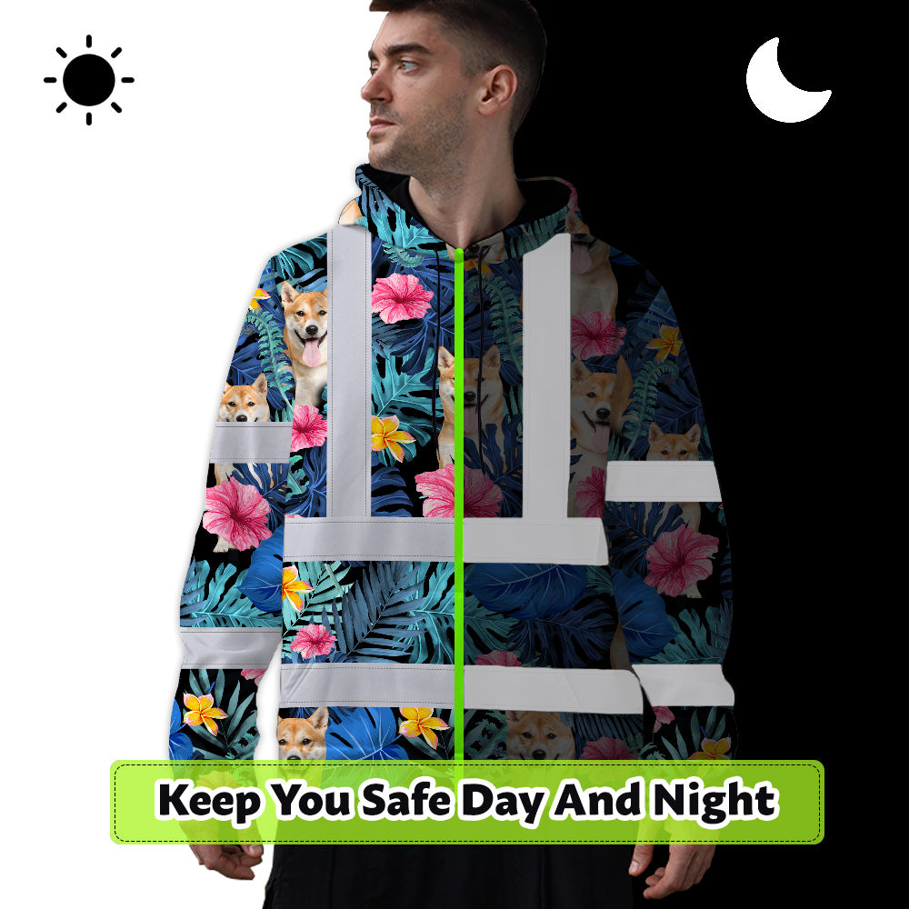 Hi Vis Hoodie Shirt Reflective Tapes Blue Pink Flowers Custom Name And Image Safety Workwear For Truckers, Pet Lovers