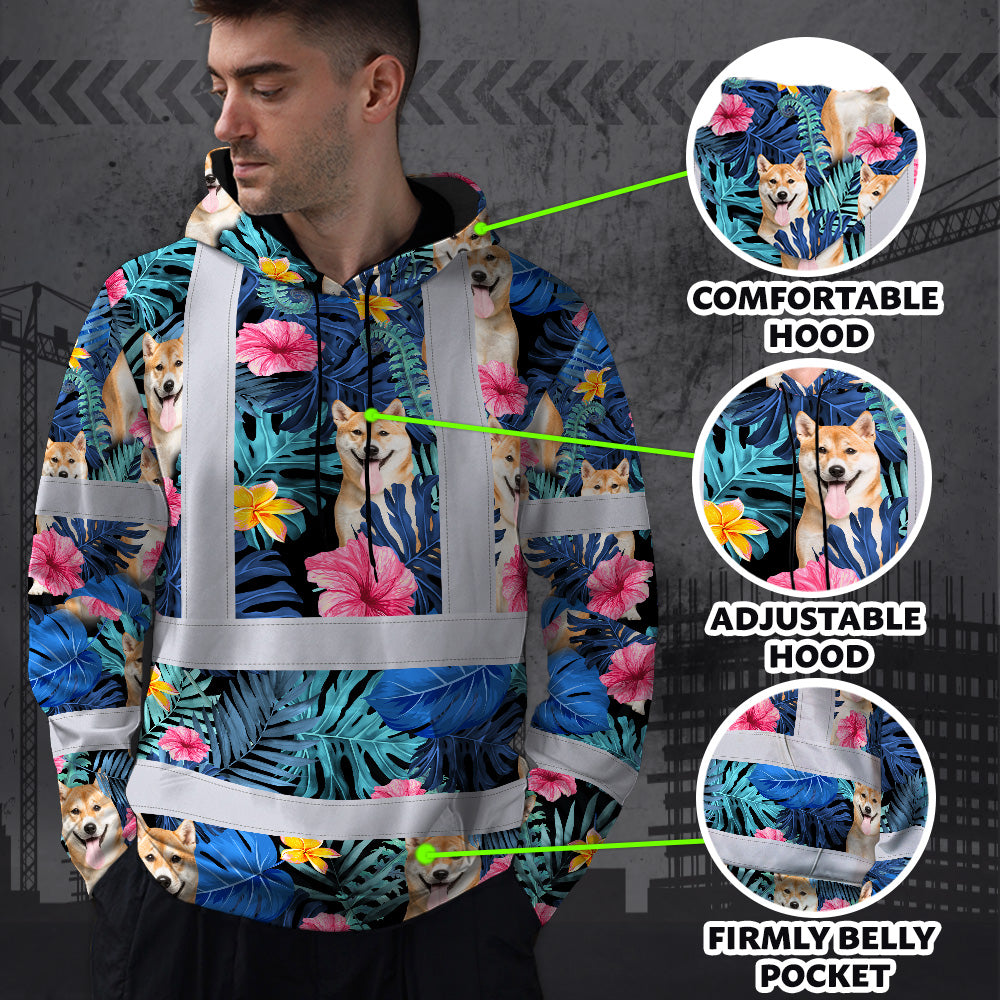 Hi Vis Hoodie Shirt Reflective Tapes Blue Pink Flowers Custom Name And Image Safety Workwear For Truckers, Pet Lovers
