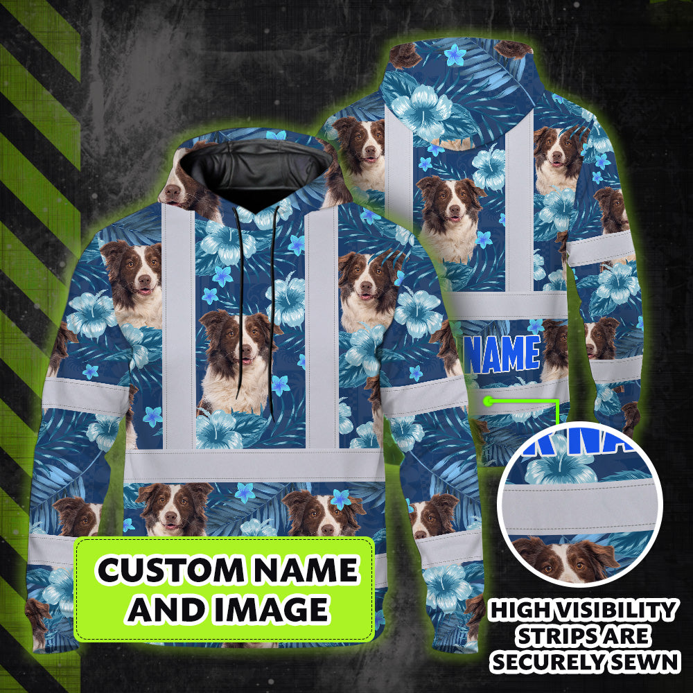 Hi Vis Hoodie Shirt Reflective Tapes Blue Flowers Custom Name And Image Safety Workwear For Truckers, Pet Lovers