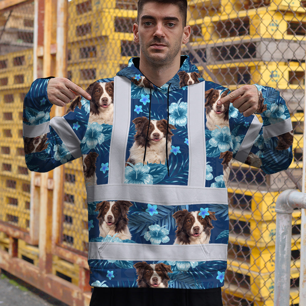 Hi Vis Hoodie Shirt Reflective Tapes Blue Flowers Custom Name And Image Safety Workwear For Truckers, Pet Lovers