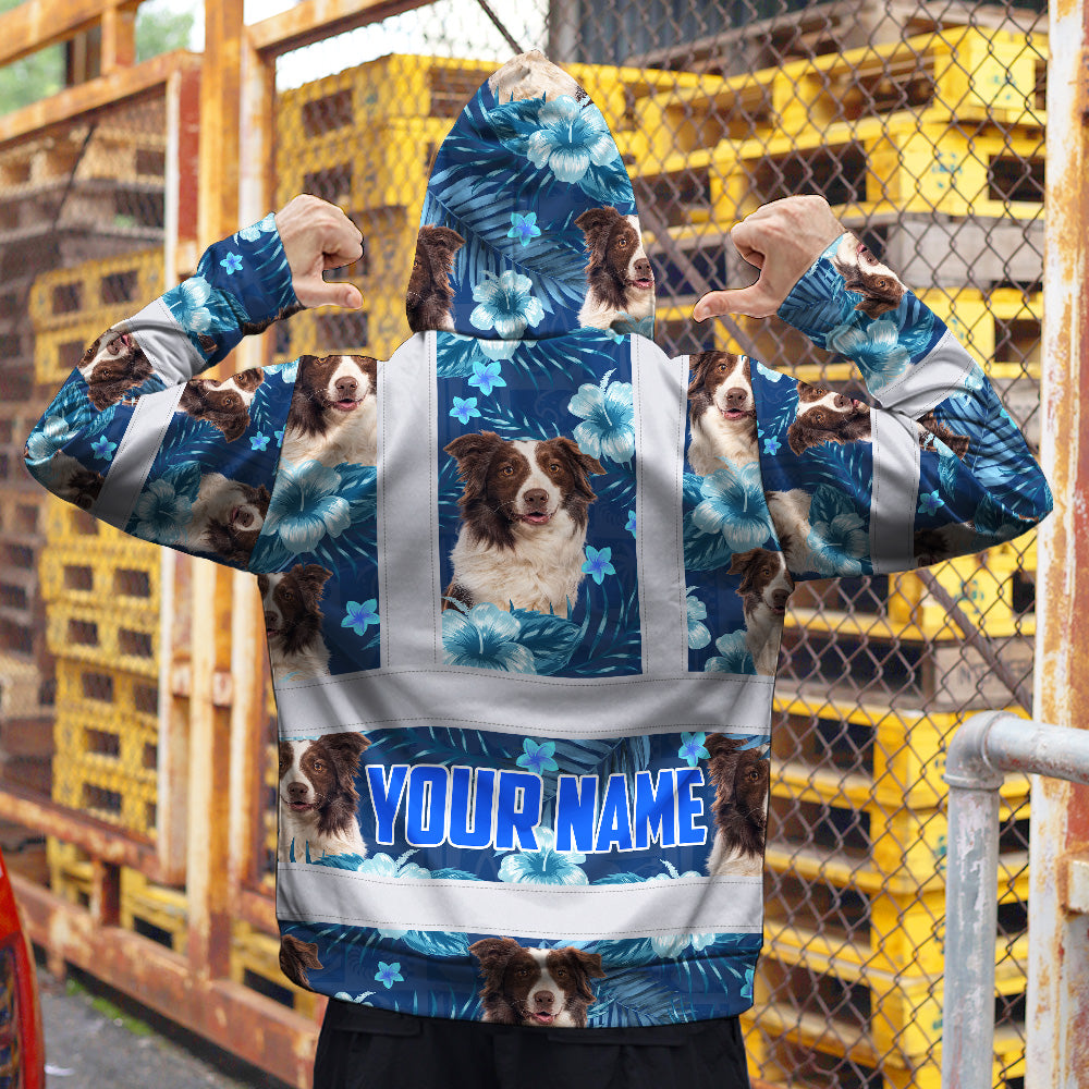 Hi Vis Hoodie Shirt Reflective Tapes Blue Flowers Custom Name And Image Safety Workwear For Truckers, Pet Lovers