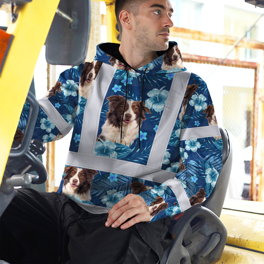 Hi Vis Hoodie Shirt Reflective Tapes Blue Flowers Custom Name And Image Safety Workwear For Truckers, Pet Lovers