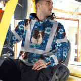 Hi Vis Hoodie Shirt Reflective Tapes Blue Flowers Custom Name And Image Safety Workwear For Truckers, Pet Lovers