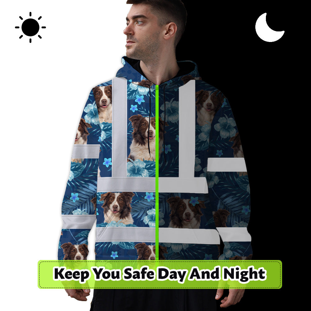 Hi Vis Hoodie Shirt Reflective Tapes Blue Flowers Custom Name And Image Safety Workwear For Truckers, Pet Lovers