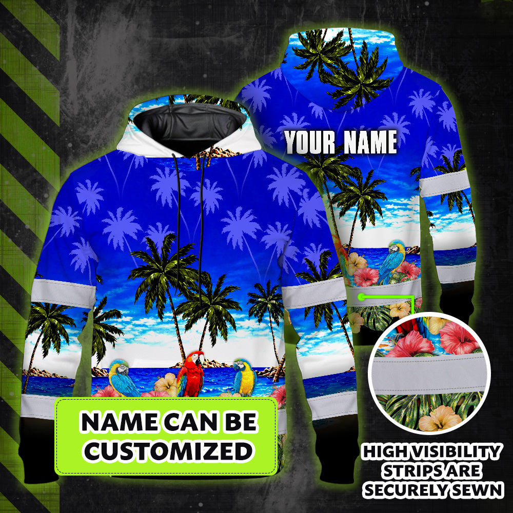 Hi Vis Hoodie Shirt Reflective Tapes Blue Black Parrot Hawaii Custom Name Safety Workwear For Truckers, Operators