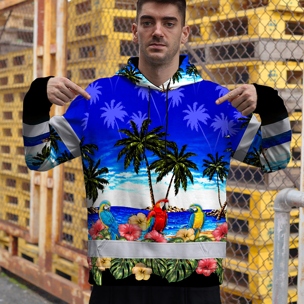 Hi Vis Hoodie Shirt Reflective Tapes Blue Black Parrot Hawaii Custom Name Safety Workwear For Truckers, Operators