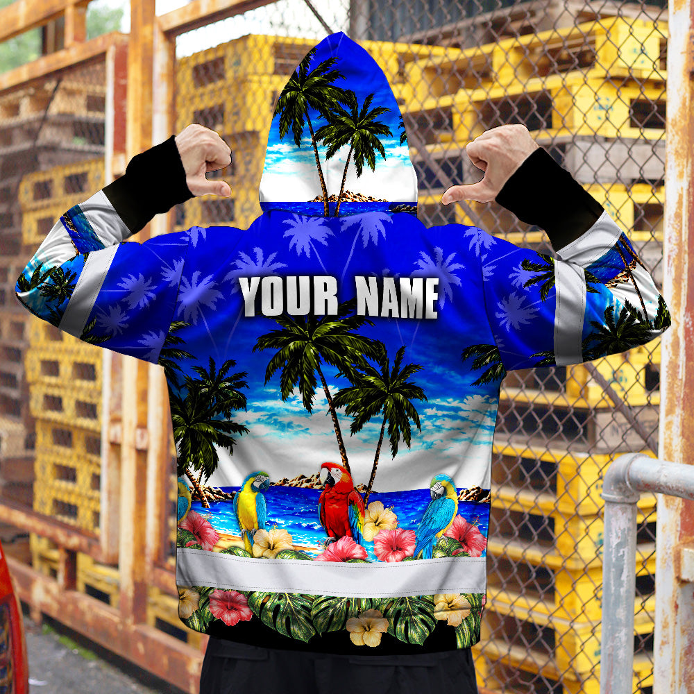 Hi Vis Hoodie Shirt Reflective Tapes Blue Black Parrot Hawaii Custom Name Safety Workwear For Truckers, Operators