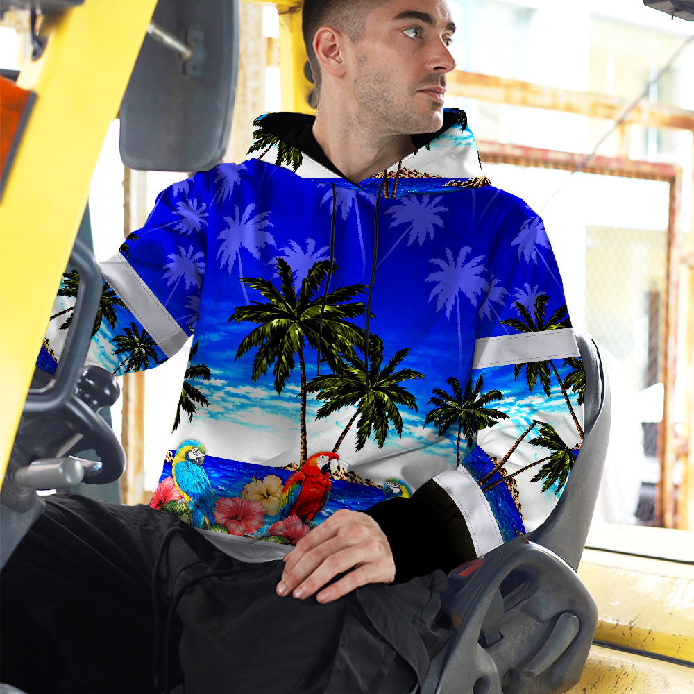 Hi Vis Hoodie Shirt Reflective Tapes Blue Black Parrot Hawaii Custom Name Safety Workwear For Truckers, Operators