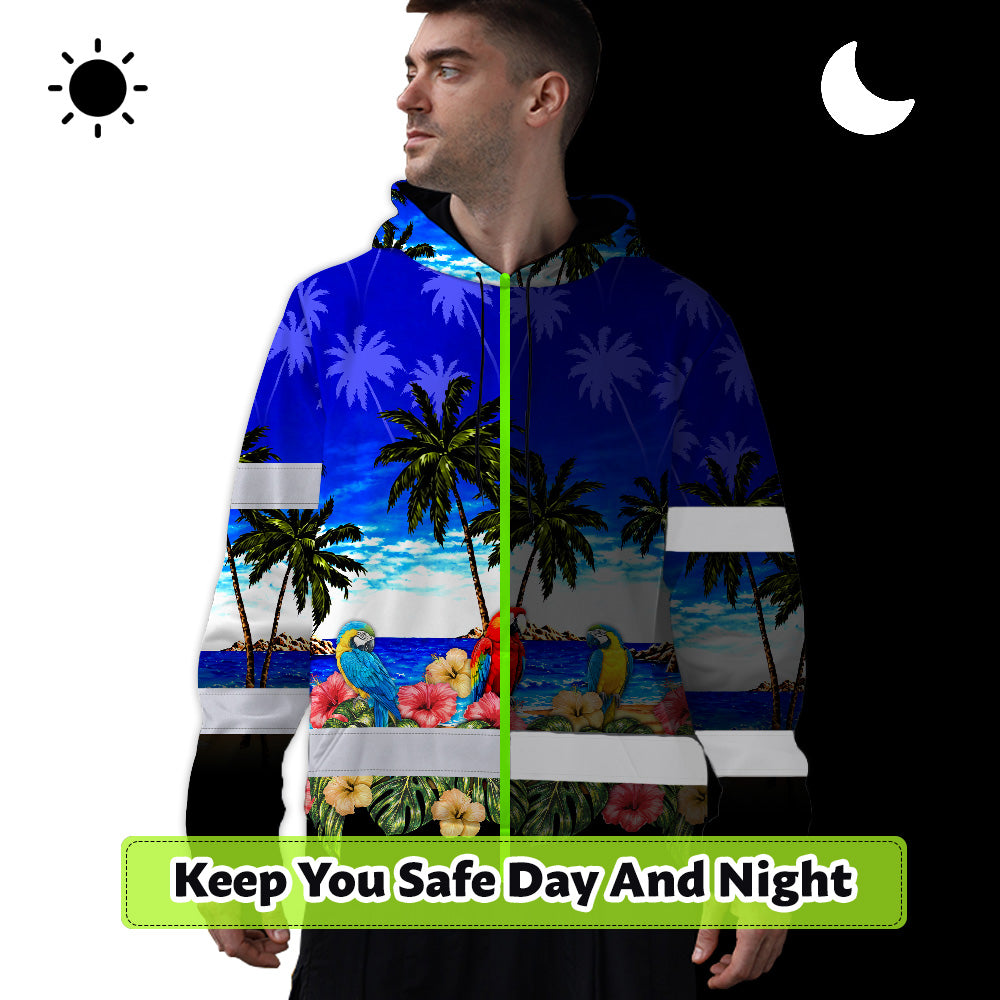 Hi Vis Hoodie Shirt Reflective Tapes Blue Black Parrot Hawaii Custom Name Safety Workwear For Truckers, Operators