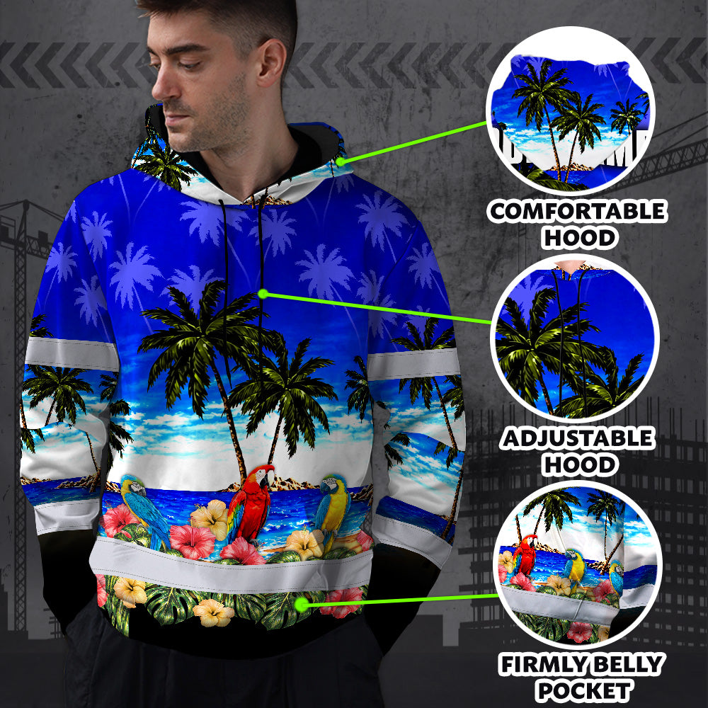 Hi Vis Hoodie Shirt Reflective Tapes Blue Black Parrot Hawaii Custom Name Safety Workwear For Truckers, Operators