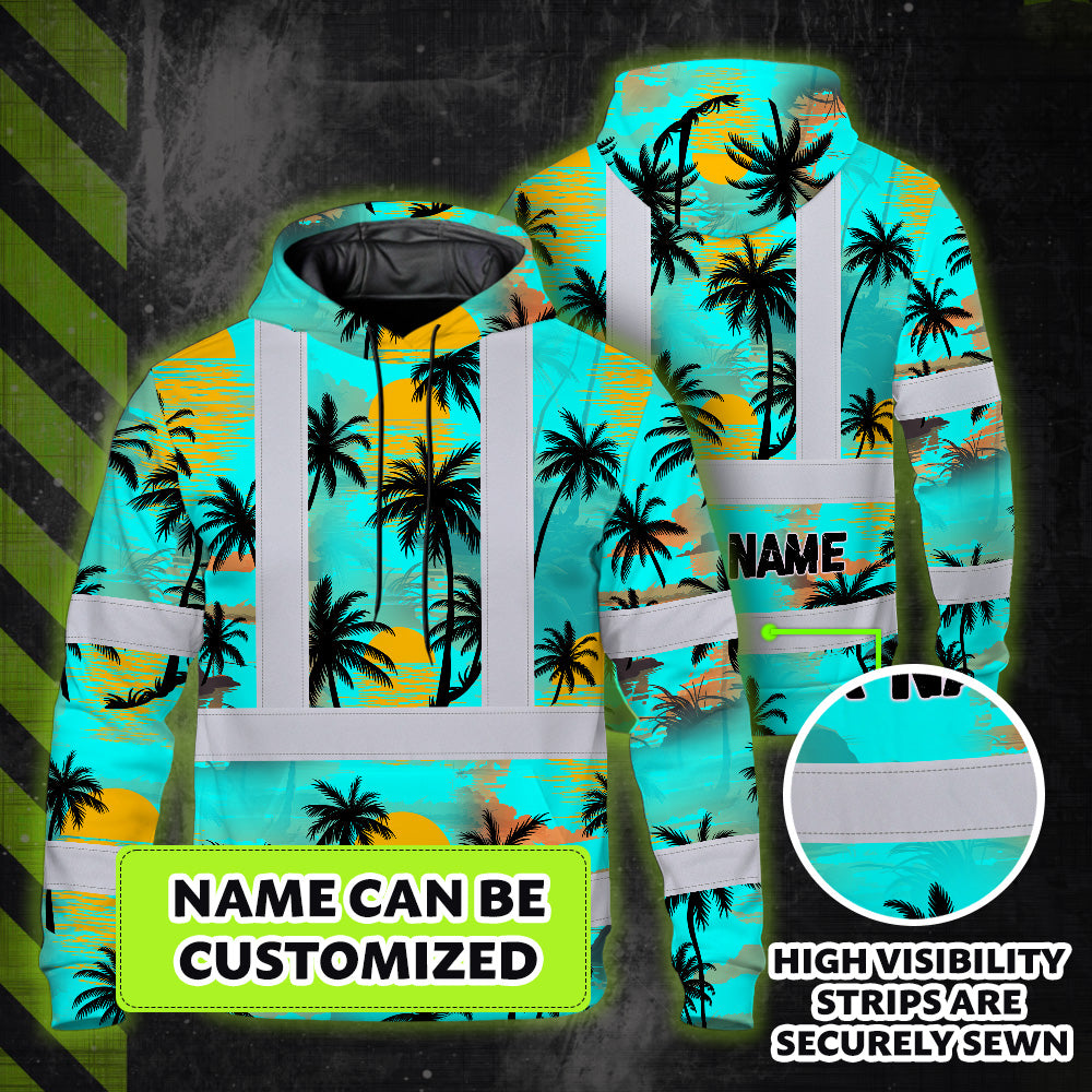 Hi Vis Hoodie Shirt Reflective Tapes Blue Neon Flowers Custom Name