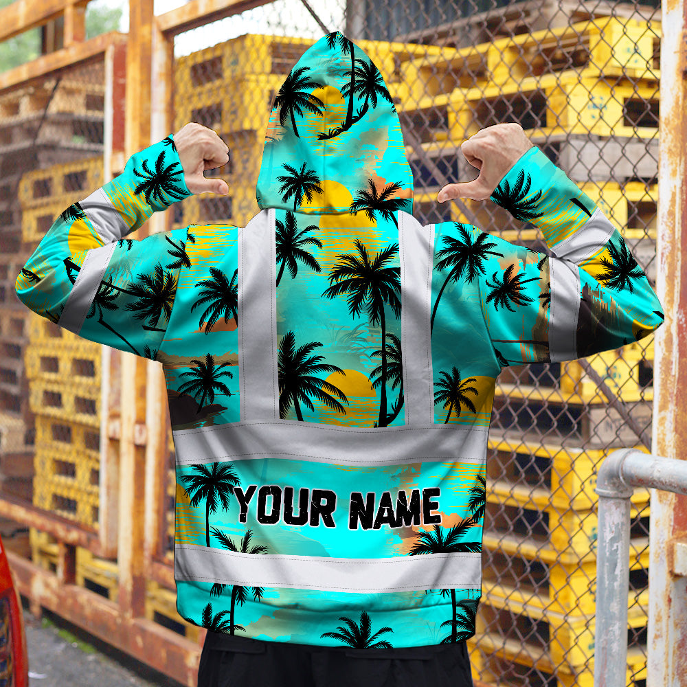 Hi Vis Hoodie Shirt Reflective Tapes Blue Neon Flowers Custom Name