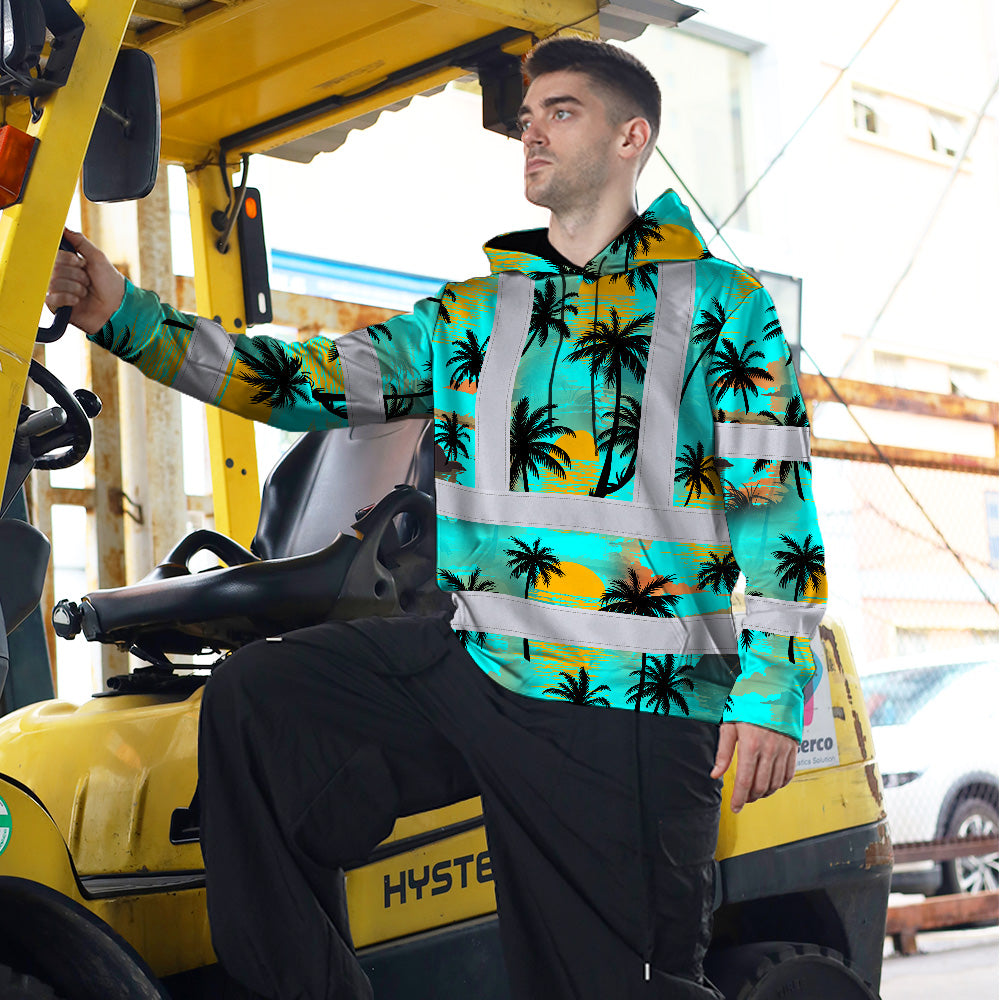 Hi Vis Hoodie Shirt Reflective Tapes Blue Neon Flowers Custom Name