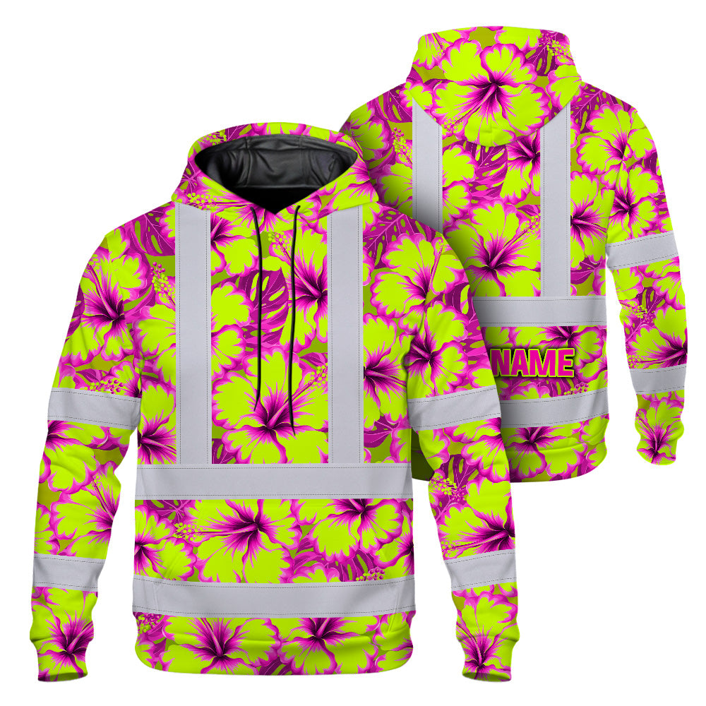 Hi Vis Hoodie Shirt Reflective Tapes Pink Neon And Lime Flowers Custom Name Safety Workwear For Truckers, Operators