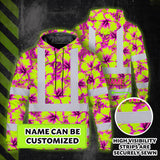 Hi Vis Hoodie Shirt Reflective Tapes Pink Neon And Lime Flowers Custom Name Safety Workwear For Truckers, Operators