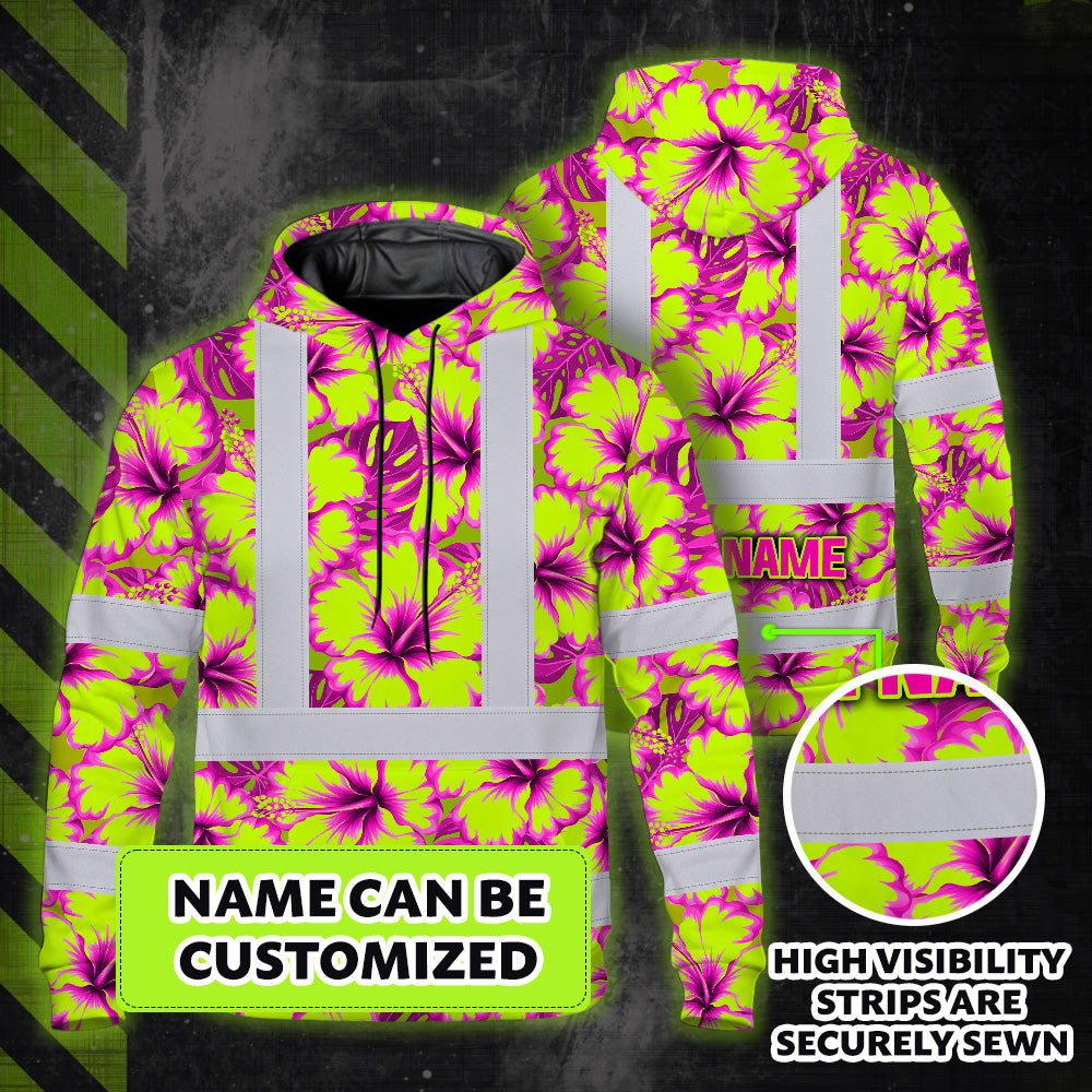 Hi Vis Hoodie Shirt Reflective Tapes Pink Neon And Lime Flowers Custom Name Safety Workwear For Truckers, Operators