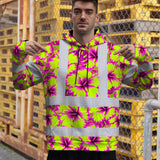 Hi Vis Hoodie Shirt Reflective Tapes Pink Neon And Lime Flowers Custom Name Safety Workwear For Truckers, Operators