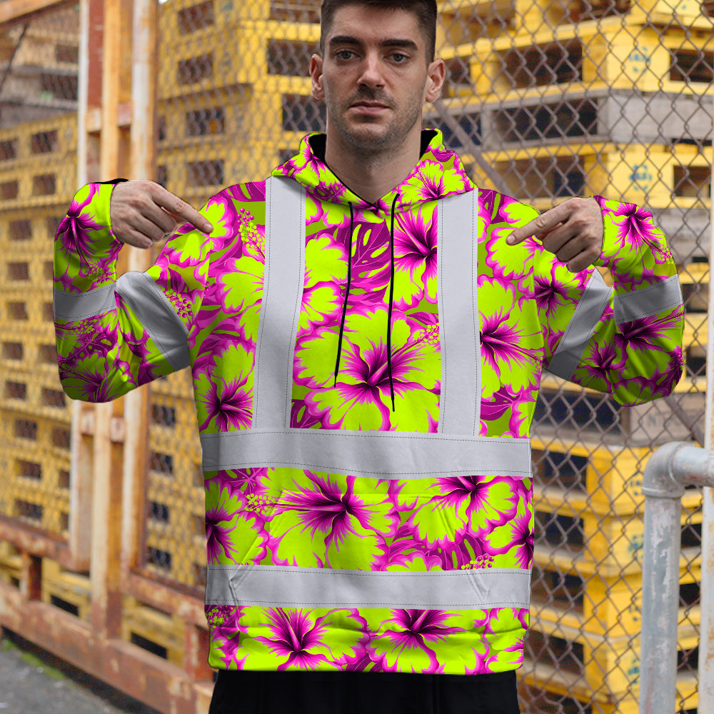 Hi Vis Hoodie Shirt Reflective Tapes Pink Neon And Lime Flowers Custom Name Safety Workwear For Truckers, Operators