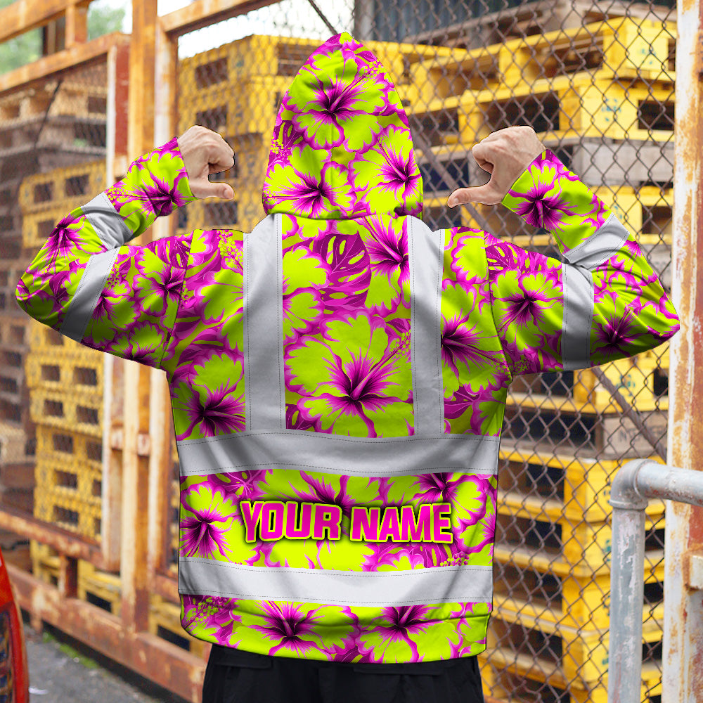 Hi Vis Hoodie Shirt Reflective Tapes Pink Neon And Lime Flowers Custom Name Safety Workwear For Truckers, Operators